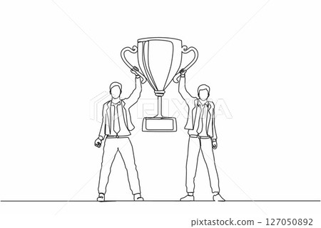 Continuous one line drawing two men holding golden goblet. Winners celebrating victory. Businessman with prize, trophy cup. Celebration business team success. Single line draw design vector graphic 127050892