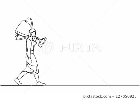 Single one line drawing businesswoman carry big trophy cup for winner as symbol of victory. Business concept of success and competition. Modern continuous line draw design graphic vector illustration Single one line drawing businesswoman carry big trophy cup for winner as symbol of victory. Business concept of success and competition. Modern continuous line draw design graphic vector illustration 127050923