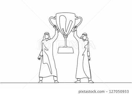 Single one line drawing two men holding golden goblet. Winners celebrating victory. Arabian businessman with prize, trophy cup. Celebration business team success. Continuous line design graphic vector 127050933