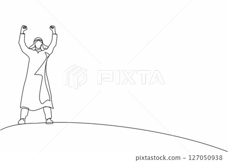 Single one line drawing Arabic businessman standing and raising hands or arms. Successful guy. Career goal. Victory sign or symbol. Winner pose. Continuous line draw design graphic vector illustration 127050938