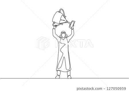 Single one line drawing Arabic businessman standing and lifting trophy. Career goal icon. Victory sign or symbol. Winner pose. Success, goal, achievement concept. Continuous line design graphic vector 127050939