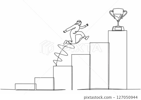 Single one line drawing Arab businessman jumping to success. Step to successful. Achieve trophy cup. Man run and go to their goal on stairs, way to achieve goal. Continuous line design graphic vector Single one line drawing Arab businessman jumping to success. Step to successful. Achieve trophy cup. Man run and go to their goal on stairs, way to achieve goal. Continuous line design graphic vector 127050944