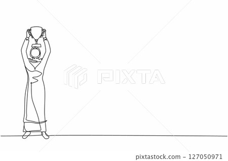 Single one line drawing happy Arabian businesswoman standing and lifting trophy. Career goal icon. Victory sign or symbol. Winner pose. Success, goal, achievement. Continuous line draw design vector 127050971