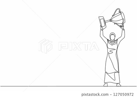 Single continuous line drawing Arabian businesswoman standing and lifting trophy. Career goal icon. Victory sign or symbol. Winner pose. Success, goal, achievement. One line draw graphic design vector Single continuous line drawing Arabian businesswoman standing and lifting trophy. Career goal icon. Victory sign or symbol. Winner pose. Success, goal, achievement. One line draw graphic design vector 127050972