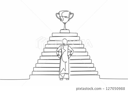 Continuous one line drawing Arabian businesswoman standing in front of staircase with trophy cup on the top. Path to success, goal, business vision. Single line draw design vector graphic illustration Continuous one line drawing Arabian businesswoman standing in front of staircase with trophy cup on the top. Path to success, goal, business vision. Single line draw design vector graphic illustration 127050988