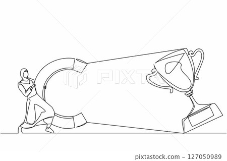 Single one line drawing Arabic businesswoman attracting big trophy with huge magnet. Victory sign. Success, achievement, business goals concept. Continuous line draw design graphic vector illustration Single one line drawing Arabic businesswoman attracting big trophy with huge magnet. Victory sign. Success, achievement, business goals concept. Continuous line draw design graphic vector illustration 127050989