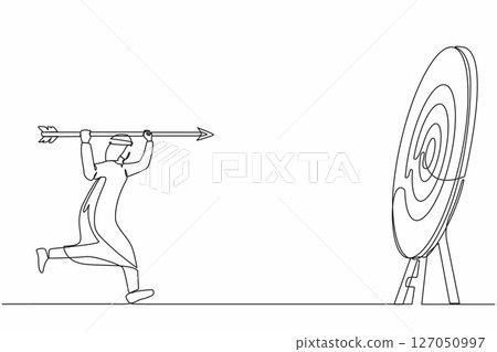 Continuous one line drawing ambitious Arabian businessman point big arrow on target. Goal achievement concept. Business purpose, goal, strategy success concept. Single line draw design vector graphic Continuous one line drawing ambitious Arabian businessman point big arrow on target. Goal achievement concept. Business purpose, goal, strategy success concept. Single line draw design vector graphic 127050997