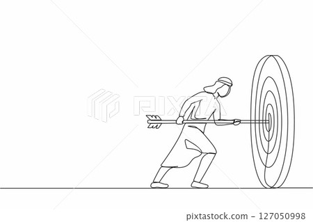 Single continuous line drawing Arab businessman hold arrow in hand to target, achievement goal. Aim in business concept. Aspirational people. Mission achieved. One line draw design vector illustration 127050998