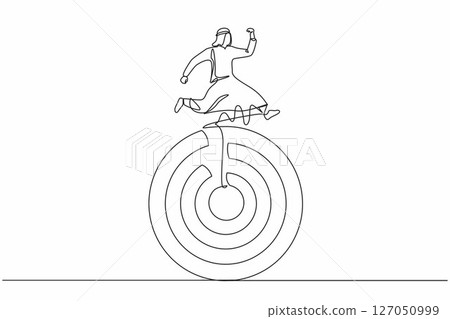 Single one line drawing Arabian businessman move forward with goals. Man running on target. Business competition to success. Marketing career. Continuous line draw design graphic vector illustration 127050999