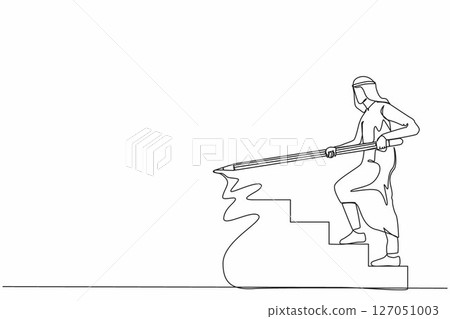 Single continuous line drawing Arab businessman use huge pencil to draw rising up stairs, walk climbing up ladder. Strategy reach business target, career path achievement. One line draw design vector Single continuous line drawing Arab businessman use huge pencil to draw rising up stairs, walk climbing up ladder. Strategy reach business target, career path achievement. One line draw design vector 127051003