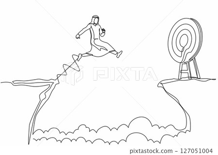 Continuous one line drawing Arab businessman jumping over cliff to reach target. Success move while taking risk. Entrepreneur challenges, motivation, personal growth. Single line design vector graphic Continuous one line drawing Arab businessman jumping over cliff to reach target. Success move while taking risk. Entrepreneur challenges, motivation, personal growth. Single line design vector graphic 127051004