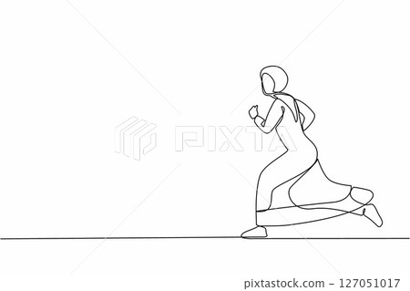 Single continuous line drawing Arab businesswoman running. Business concept. Happy gesture worker. Successful woman in hijab run for work. Business people. One line graphic design vector illustration 127051017