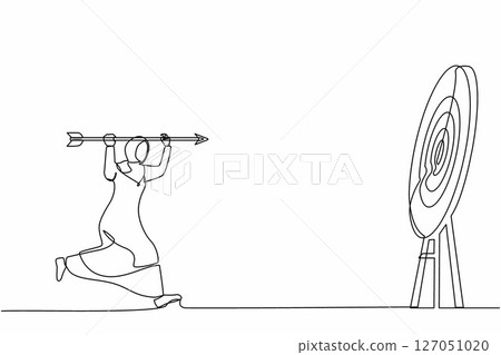 Continuous one line drawing positive ambitious Arab businesswoman point big arrow on target. Goal achievement concept. Business purpose, goal, strategy success. Single line draw design vector graphic 127051020