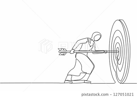 Single continuous line drawing Arabian businesswoman hold arrow in hand to target, achievement goal. Aim in business concept. Aspirational people. Mission achieved. One line draw graphic design vector 127051021