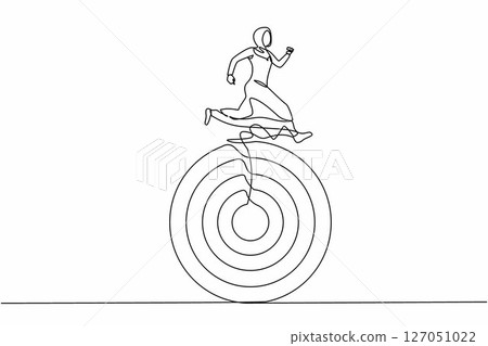 Single continuous line drawing Arab businesswoman move forward with goals. Female running on target. Business competition to success. Marketing career. One line draw graphic design vector illustration Single continuous line drawing Arab businesswoman move forward with goals. Female running on target. Business competition to success. Marketing career. One line draw graphic design vector illustration 127051022