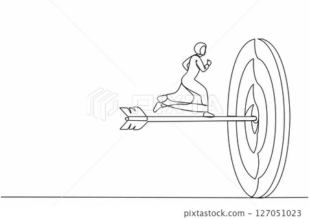 Single one line drawing ambition Arab businesswoman run to bullseye with dart. Reach target success. Business metaphor. Successful business concept. Continuous line design graphic vector illustration 127051023