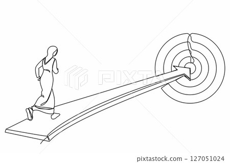 Single one line drawing Arab businesswoman running on arrow to center of dartboard. Business Concept of targeting, customer. Company vision mission. Continuous line design graphic vector illustration 127051024