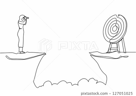 Continuous one line drawing Arab businesswoman standing on cliff with binoculars in hand. Business target goals concept. Woman focus to successful. Single line draw design vector graphic illustration 127051025