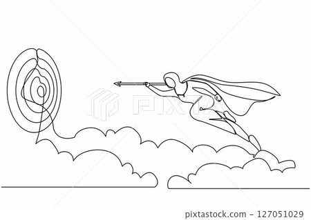 Single one line drawing superhero Arab businesswoman flying with arrow forward to goal to achieve success. Power leadership ambition and achievement. Continuous line design graphic vector illustration Single one line drawing superhero Arab businesswoman flying with arrow forward to goal to achieve success. Power leadership ambition and achievement. Continuous line design graphic vector illustration 127051029