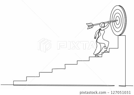 Continuous one line drawing Arabian businesswoman with arrow running toward her goal, path to achieving high goal, through stairs, steps of achievement. Single line design vector graphic illustration 127051031