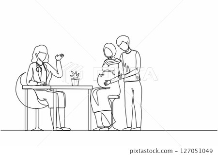 Single one line drawing Arabian Moslem family expecting child visiting doctor isolated. Physician consulting pregnant woman with husband. Modern continuous line draw design graphic vector illustration 127051049