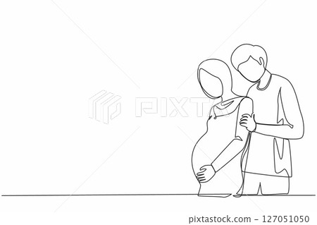 Continuous one line drawing young man carefully embraced Arabian pregnant woman. Husband and wife are expecting baby, young parents, family support. Single line draw design vector graphic illustration 127051050