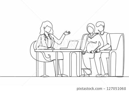 Single continuous line drawing Arabic pregnant woman visits doctor. Happy couple people on medical examination in hospital, talking with physician. Pregnancy healthcare. One line graphic design vector Single continuous line drawing Arabic pregnant woman visits doctor. Happy couple people on medical examination in hospital, talking with physician. Pregnancy healthcare. One line graphic design vector 127051068