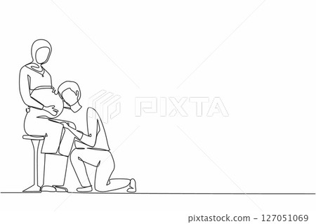 Single one line drawing husband kneel down and listening to his Arabian pregnant wife belly, expecting new born baby. Man hugs pregnant woman. Continuous line draw design graphic vector illustration Single one line drawing husband kneel down and listening to his Arabian pregnant wife belly, expecting new born baby. Man hugs pregnant woman. Continuous line draw design graphic vector illustration 127051069