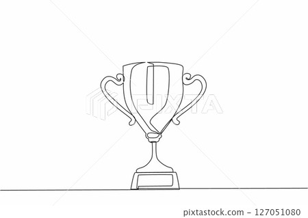 Single continuous line drawing trophy cup. Champion trophy, sketch cup, sport award. Winner prize, champions celebration winning concept. Dynamic one line draw graphic design vector illustration 127051080