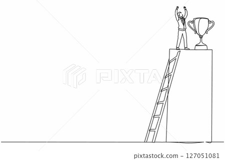 Continuous one line drawing businessman climb ladder to reach trophy and standing with arms lifted in the air. Man celebrating his business award. Single line draw design vector graphic illustration 127051081