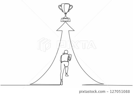 Single continuous line drawing reach for trophy. Businessman runs to target. Man working for goal, success, development, ability, victory, motivation. One line draw graphic design vector illustration Single continuous line drawing reach for trophy. Businessman runs to target. Man working for goal, success, development, ability, victory, motivation. One line draw graphic design vector illustration 127051088