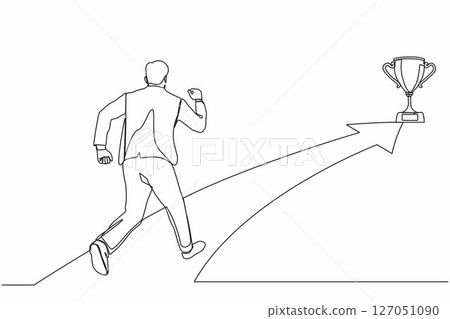 Single one line drawing businessman running on forward arrow to get trophy. Concept of people ready to start career and business. Manager running towards the goal. Continuous line draw design vector 127051090