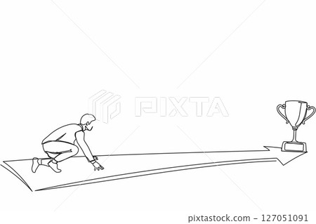 Continuous one line drawing side view businessman ready to run to trophy at end of route. Concept of vision mission and goal of business. People run to their goal. Single line design vector graphic Continuous one line drawing side view businessman ready to run to trophy at end of route. Concept of vision mission and goal of business. People run to their goal. Single line design vector graphic 127051091