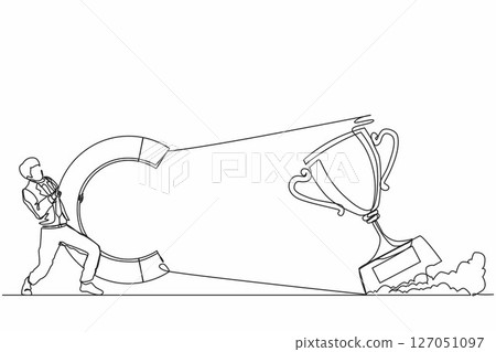 Single continuous line drawing businessman attracting big trophy with huge magnet. Victory sign. Success, achievement, business goals concept. Dynamic one line draw graphic design vector illustration 127051097