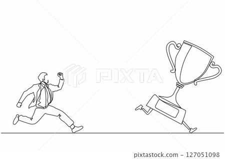 Single continuous line drawing businessman trying to catch trophy. Man running and chasing after run away winner cup. Business challenge metaphor. Dynamic one line graphic design vector illustration 127051098