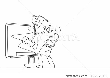 Single continuous line drawing businessman pulls out trophy cup from computer screen. Working on award winning project, freelance job, online work, winner. One line graphic design vector illustration Single continuous line drawing businessman pulls out trophy cup from computer screen. Working on award winning project, freelance job, online work, winner. One line graphic design vector illustration 127051099