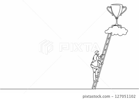 Single continuous line drawing businessman climb to trophy over clouds. Businessman climbing ladder to success. Motivation concept to be successful. One line draw graphic design vector illustration Single continuous line drawing businessman climb to trophy over clouds. Businessman climbing ladder to success. Motivation concept to be successful. One line draw graphic design vector illustration 127051102