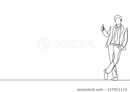 Continuous one line drawing excited businessman dressed in formal wear showing thumbs up sign and leaning against the wall. Deal, like, agree, approve, accept. Single line draw design vector graphic 127051114