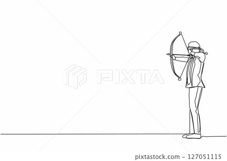Single continuous line drawing blindfolded businessman shooting arrow. Missed the target. Businessman trying to shoot target with blindfold. Dynamic one line draw graphic design vector illustration Single continuous line drawing blindfolded businessman shooting arrow. Missed the target. Businessman trying to shoot target with blindfold. Dynamic one line draw graphic design vector illustration 127051115