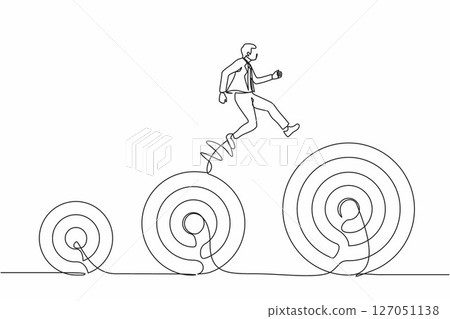 Continuous one line drawing businessman jumping up higher target career goals. The business next target. Planning and successful. Business metaphor. Single line draw design vector graphic illustration Continuous one line drawing businessman jumping up higher target career goals. The business next target. Planning and successful. Business metaphor. Single line draw design vector graphic illustration 127051138