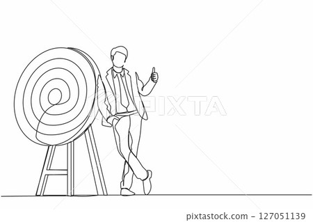 Single one line drawing businessman or manager is standing or leaning the target with thumbs up gesture. Arrow hit the target exactly. Modern continuous line draw design graphic vector illustration Single one line drawing businessman or manager is standing or leaning the target with thumbs up gesture. Arrow hit the target exactly. Modern continuous line draw design graphic vector illustration 127051139