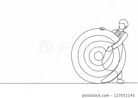 Continuous one line drawing businessman holding archer target or dashboard pointing at bullseye. Focus on business target, setting goal for motivation. Single line design vector graphic illustration 127051143
