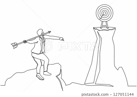 Continuous one line drawing businessman standing on peak of cliff targeting dartboard with big arrow. Businessman aiming target on cliff. Success business metaphor. Single line design vector graphic Continuous one line drawing businessman standing on peak of cliff targeting dartboard with big arrow. Businessman aiming target on cliff. Success business metaphor. Single line design vector graphic 127051144