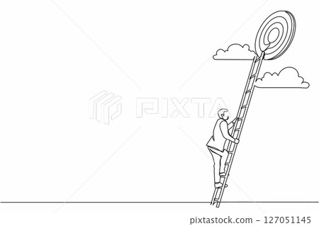 Single continuous line drawing stairs to goal. Businessman in suit rises up stairs to top of target. Business concept. Achieving goal. Ladder sky. Strategy to aim. One line draw graphic design vector Single continuous line drawing stairs to goal. Businessman in suit rises up stairs to top of target. Business concept. Achieving goal. Ladder sky. Strategy to aim. One line draw graphic design vector 127051145