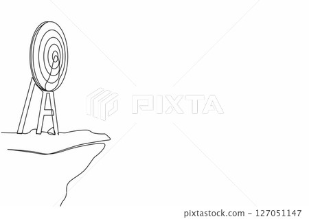 Continuous one line drawing archery target ring without arrows hitting bullseye on cliff. Dartboard on tripod. Goal achieving concept. Business success strategy symbol. Single line draw design vector Continuous one line drawing archery target ring without arrows hitting bullseye on cliff. Dartboard on tripod. Goal achieving concept. Business success strategy symbol. Single line draw design vector 127051147