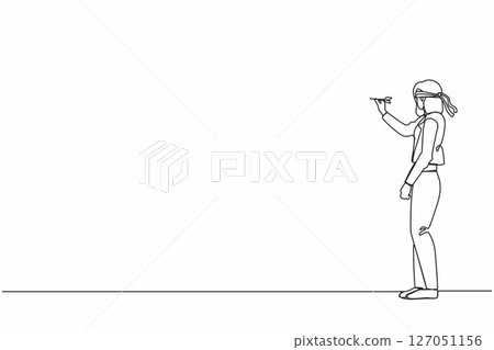Single one line drawing confused businesswoman blindfold throwing dart. Unclear target or blind business vision, leadership failure or mistake aiming goal. Continuous line draw design graphic vector Single one line drawing confused businesswoman blindfold throwing dart. Unclear target or blind business vision, leadership failure or mistake aiming goal. Continuous line draw design graphic vector 127051156