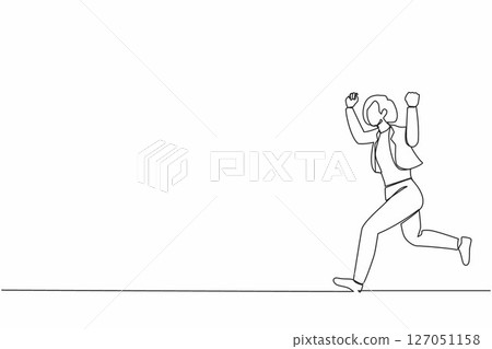 Continuous one line drawing businesswoman running. Business concept. Happy gesture worker. Successful woman in blazer run for work. Business people. Single line draw design vector graphic illustration 127051158