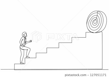 Single continuous line drawing businesswoman holding arrow running up stairway to high target. Business concept growth, path to success. Career path. One line draw graphic design vector illustration 127051171