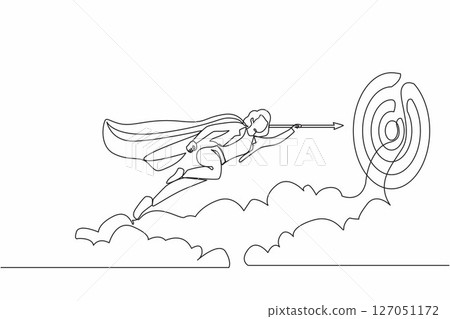 Single continuous line drawing superhero businesswoman flying with arrow forward to goal to achieve success. Power leadership ambition and achievement. One line draw graphic design vector illustration 127051172