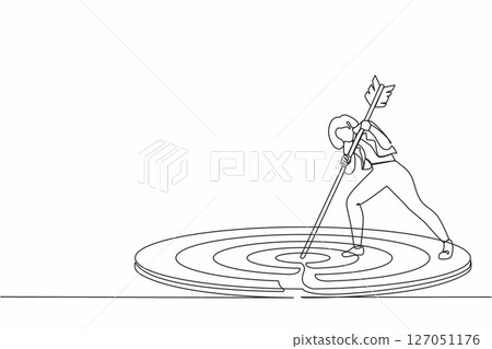 Single continuous line drawing focus marketing target strategy, businesswoman mark goal with arrow. Cute woman holding arrow, hit target on ground. Achieving goals. One line draw graphic design vector 127051176